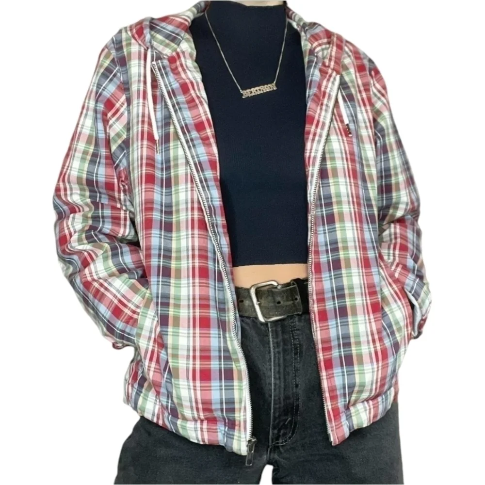 Eddie Bauer‎ red & Blue Cotton Plaid Hoodie Jacket Size Small